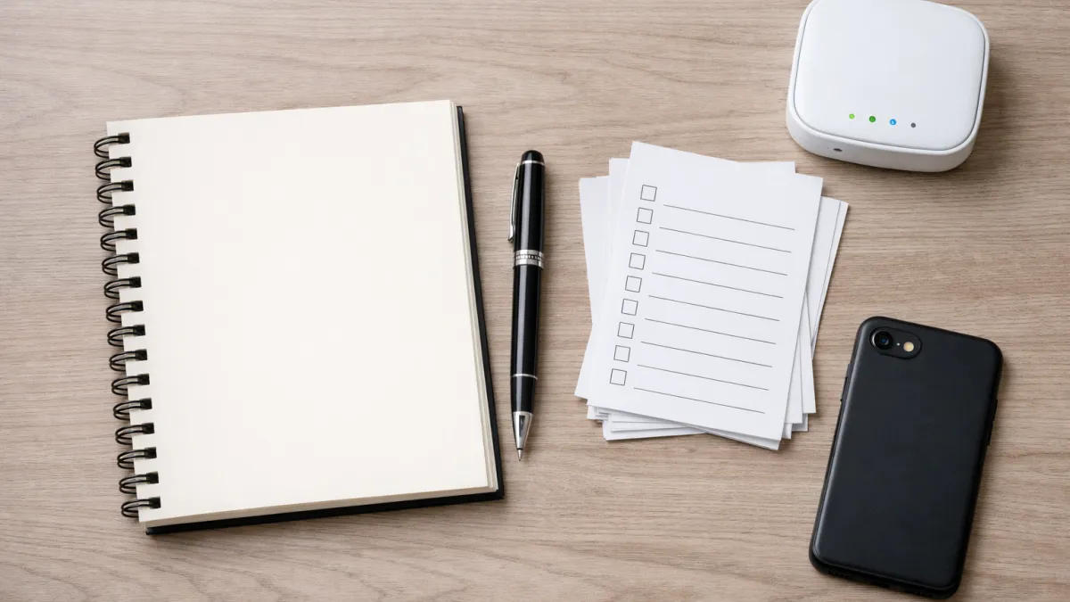 AI productivity tools setup flat lay with notebook, pen, blank checklists, and compact router on wood desk
