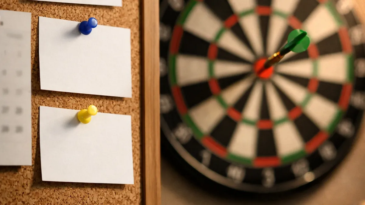 email marketing strategy goals shown with a dart hitting the center of a target board beside a corkboard with blank cards
