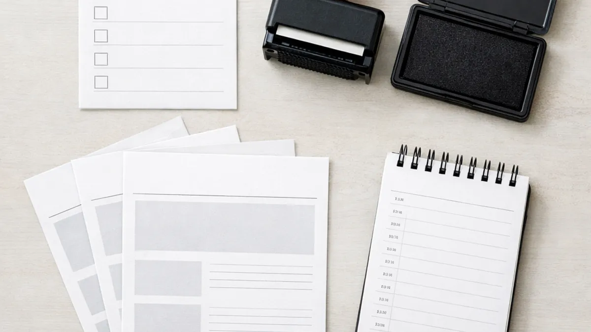 Local SEO strategy overhead flat lay with address stamp, blank checklist card, and printed service flyers on a desk