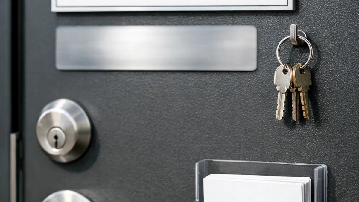 Local SEO strategy optimization shown by a clean exterior entryway with blank service placard and metal door hardware
