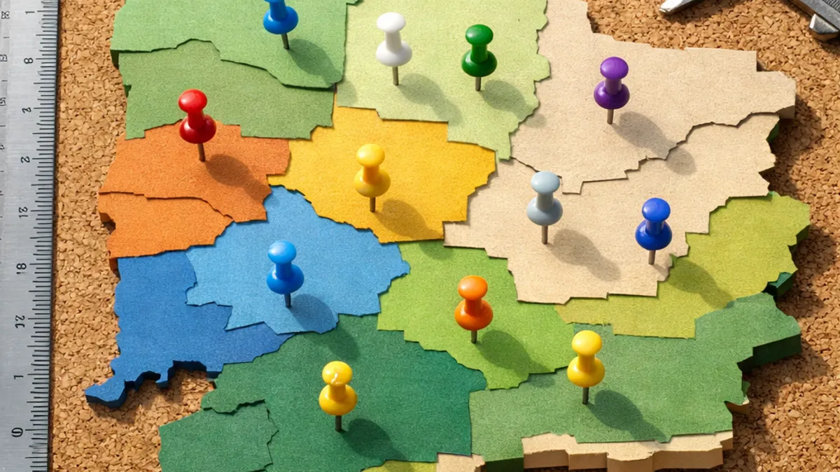 Local SEO strategy service area planning with physical pushpins on a layered cork map over neighborhoods