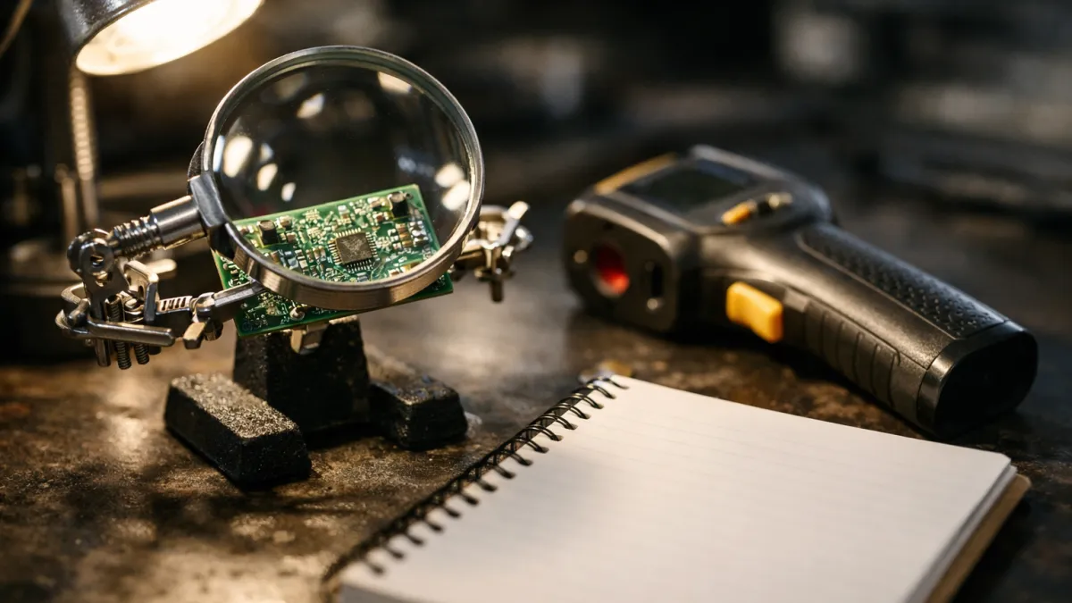 Website loading speed diagnosis scene with magnifying glass, infrared thermometer, and detailed circuit-like panel on bench