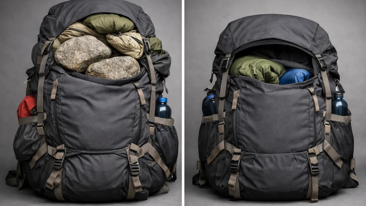 Website loading speed improvement metaphor with an overstuffed backpack compared to a lighter, partially emptied one