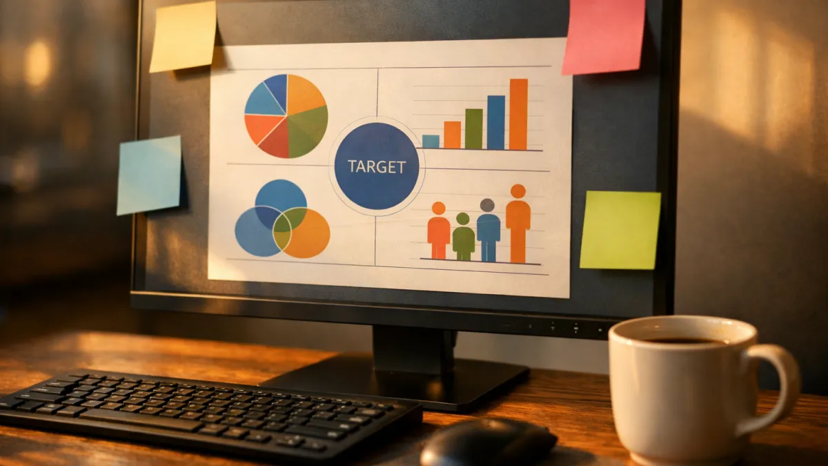 white label marketplace niche planning with monitor showing generic segmentation chart and colored sticky notes