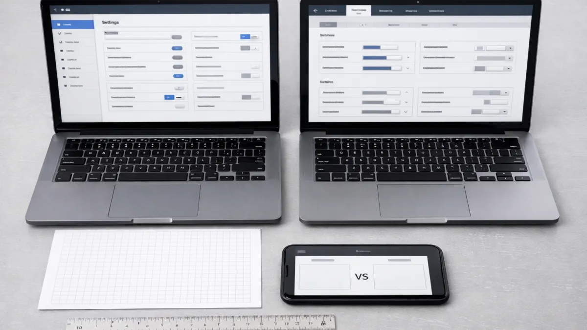 white label marketplace platform comparison with two laptops showing settings panels and blank spreadsheet grid