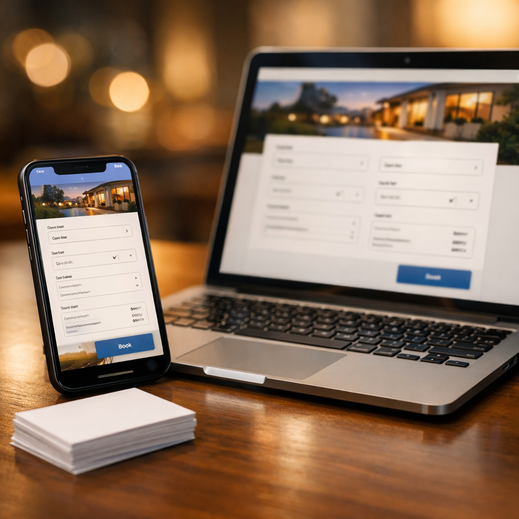 White label rental platform concept with smartphone and laptop showing generic booking screens